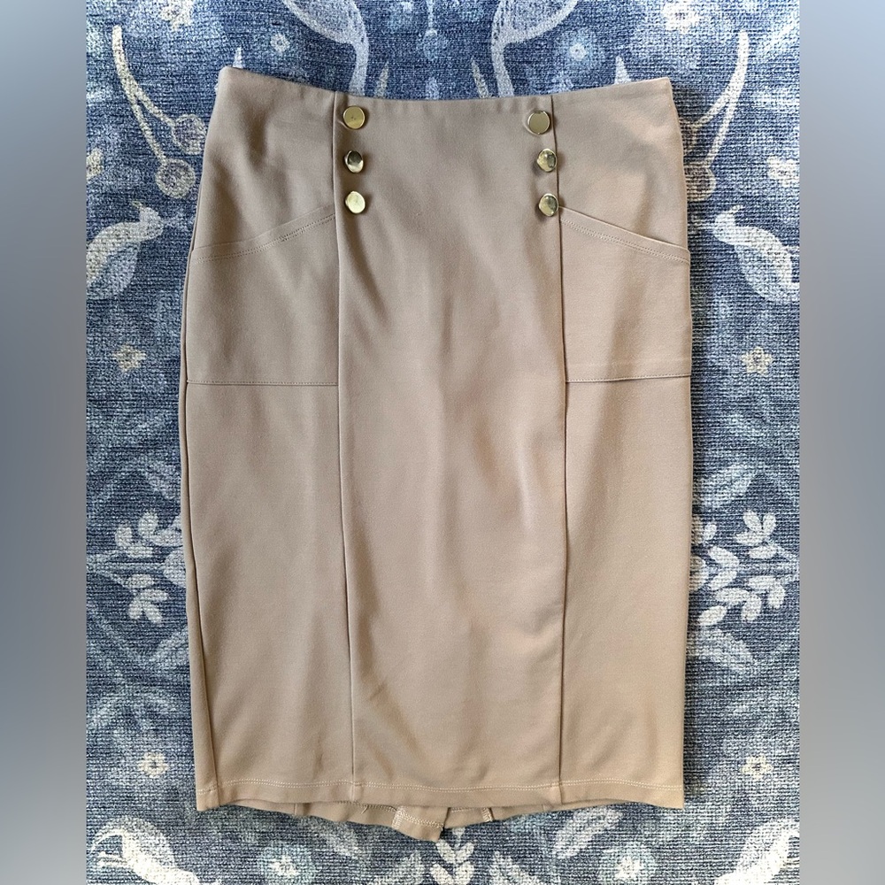 Elie Tahari Tan Pencil Skirt with Gold Buttons